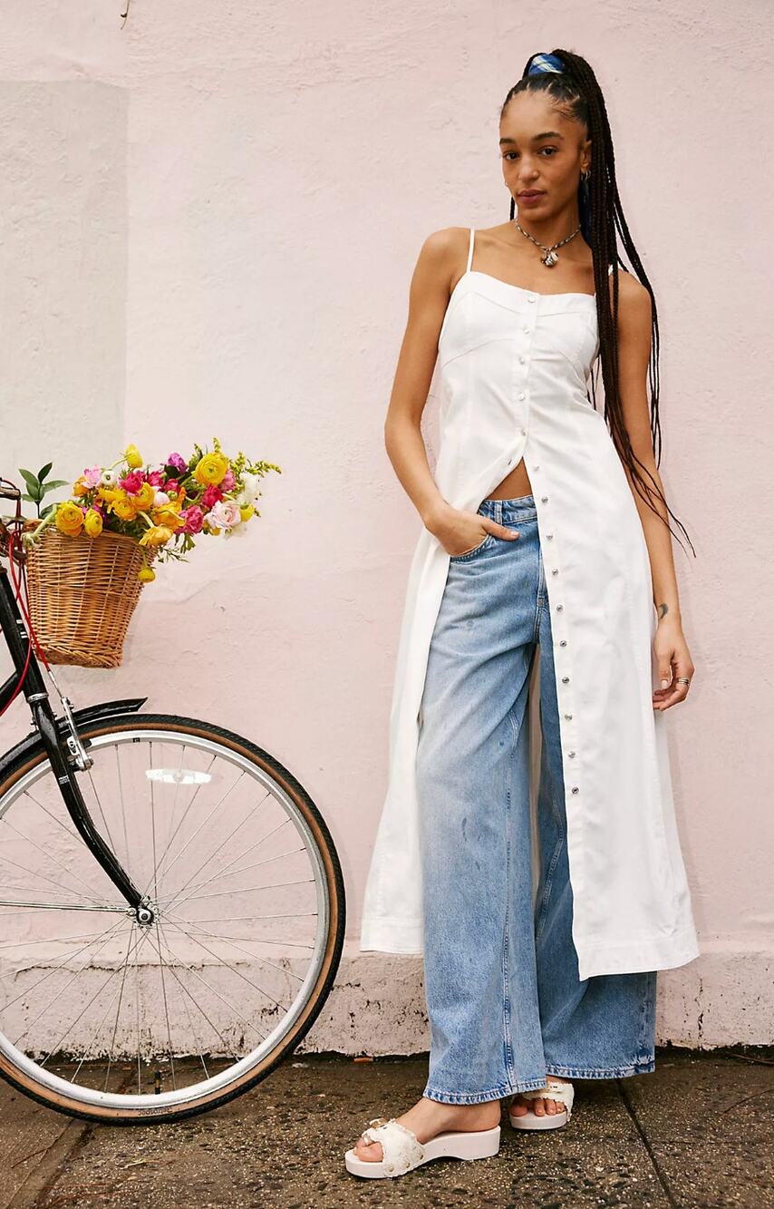 Free People Just Jill Maxi Denim Dress White A Line Sleeveless Pockets Medium